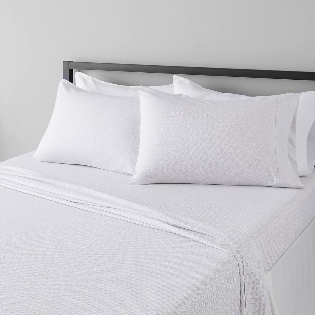 Amazon Basics Lightweight Super Soft, Comfortable Easy Care Microfiber 4 Piece Bed Sheet Set with 14-Inch Deep Pockets, Queen, Gray Crosshatch, Printed