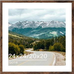 Wood 24x24 Picture Frame with 20x20 Mat Deep Brown, Display 20x20 with Mat or 24x24 without Mat, Wood 24 by 24 Photo Frame, 24 x 24 Frame for Wall Hanging Display, Deep Brown