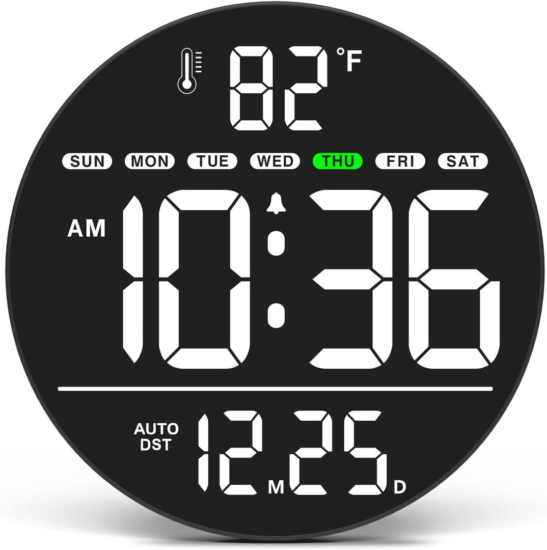 WallarGe Large Digital Wall Clock with LED Display, Electric Wall Clock with Temperature, Auto DST, Date, and Day, 5-Level Brightness for Office, Bedroom, Living Room, Classroom Dcor
