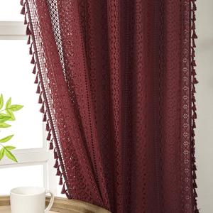 Burgundy Sheer Curtains 84 Inches Long 2 Panel Cotton Blend Crochet Lace Curtain Tassel Rod Pocket Semi Sheer Light Filtering Boho Curtains for Bedroom Living Room Window Drapes Maroon Red