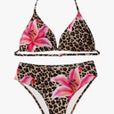Girl's Leopard Floral Triangle Swimsuits Two Piece Halter Bikini Set Vacation Swimwear, Size 14Y