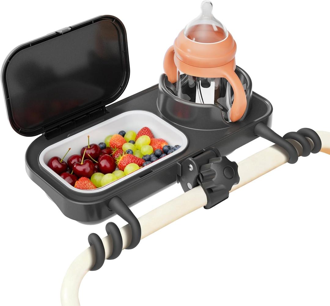 Universal Stroller Snack Tray, Compatible with Nuna Uppababy Mockingbird, Stroller Snack Tray Attachment with Cup Holder, Detachable Silicone Tray for Easy Clean, Toddler Snacking On The Go (Black)
