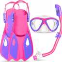 Snorkeling Gear for Kids Ages 5-15, 4 in 1 Mask Fins Snorkel Set with HD Tempered Glass Panoramic View Anti-Fog Mask, Dry Top Snorkel, Adjustable Trek Fins, and Mesh Bag, Kids Snorkel Set for Youth