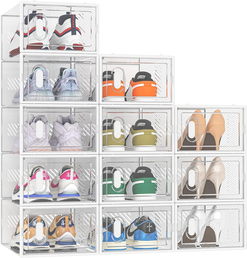 Shoe Storage, 12 Pack Shoe Organizer for Closet, Shoe Boxes Clear Plastic Stackable Shoe Containers with Lids for Size 10 (Large, White)
