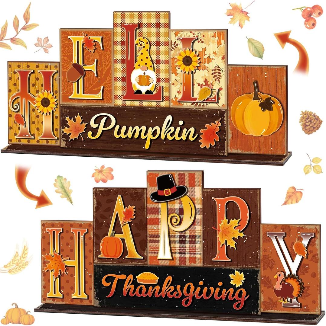 Amyhill Thanksgiving Decoration for Home Reversible Thanksgiving Table Decor Fall Tiered Tray Decor Thanksgiving Centerpiece Decorative Turkey Pumpkin Block Sign Gift Farmhouse for Home Kitchen