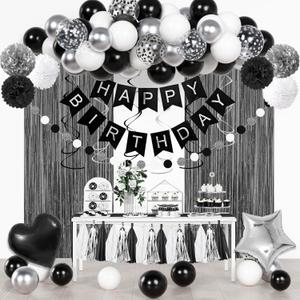 Black and White Birthday Party Decorations, Black Metallic Silver Confetti Balloons Happy Birthday Banner Fringe Curtains Hanging Swirls Circle Dots Paper Tassels Pompoms for Men Boys Party Supplies
