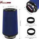 RYANSTAR Universal Clamp-On Air Filter Three Different Size 3in 3.5in 4 in High Flow Round Tapered Cone Closed-Top Cool Air Filter Cleaner Fit Compat