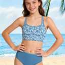 Girls Swimsuit Two Piece Double Straps Sporty Bathing Suit High Waisted Bikini Tropical Floral Swimwear 9-16Y (Blue)