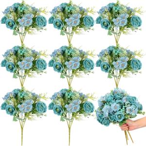 Yungyan 8 Pcs Wedding Artificial Rose Flowers Fake Roses Silk Hydrangea Berry Bouquet 12 Inch Faux Flowers for Bridal Wedding Party Floral Home Decoration Table Centerpieces(Teal Blue)