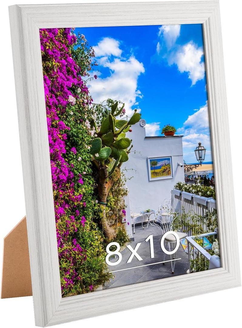 8x10 Wood Frame White, Natural Woodgrain 10x8in Picture Frame, Rustic Wooden 8 x 10 inch Gallery Photo Poster Frame with HD Plexiglass, Horizontal Vertical Wall Mounting Tabletop Display 1Pcs
