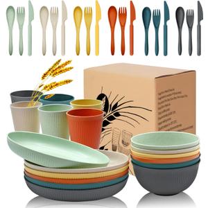 36Pcs Wheat Straw Plates and Bowls Sets, Wheat Straw Dinnerware Sets for 6 with Plates, Cups, Knives, Forks and Spoons Reusable Plates Set Dishes Set Dishwasher and Microwave Safe Plates