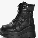 Platform Goth Ankle Boots for Womem Black Holographic Combat Chunky Heel Boots with Side Zip Lace Up Wedge Booties sz 40