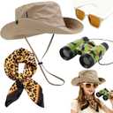 Safari Costume Women, 4 PCS Zoo Keeper Costume Adult Includes Safari Hat Outfit Accessories, Leopard Print Scarf, Binoculars, Light-Proof Glasses, Rave Party