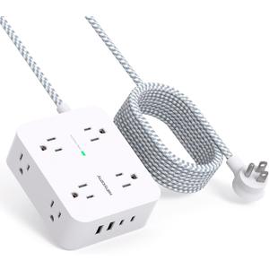 10 Ft Surge Protector Power Strip, HANYCONY Extension Cord with 8 AC Outlets 4 USB (2 USB C) Ports, Flat Plug, Wall Mount Desk USB Charging Station for Home (White)