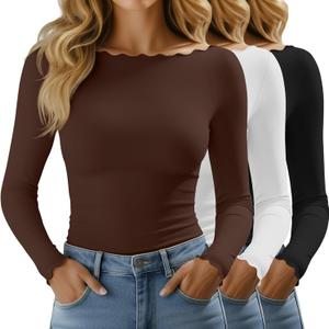 Huukeay 3 Pack Women's Long Sleeve Tops Lettuce Trim Boat Neck Shirts Slim Fit Casual Basic Fitted Tees (XL)