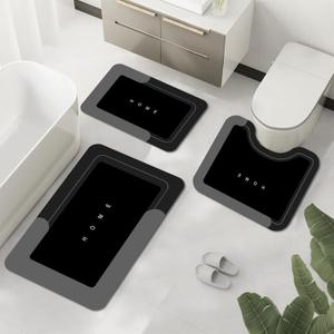 Bath Mats for Bathroom Set of 3, Black Modern Bathroom Rug, Soft Shower Mat with Non-Slip Bottom, Absorbent Quick-Dry Restroom Decor for Toilet or Bathtub, Durable Washable Floor Mats