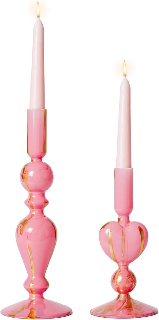 DN DECONATION Pink & Gold Glass Candle Holders Set of 2, Heart Taper Candle Holders for Valentine's Day, Candlestick Holder Wedding Decorations, Farmhouse Home Coffee Table Decor & Housewarming Gifts