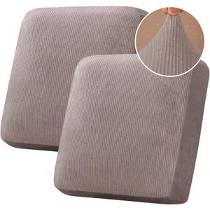 H.VERSAILTEX Velvet Stretch Couch Cushion Cover Plush Cushion Slipcover for Chair Loveseat Sofa Cushion Furniture Protector Seat Cushion Sofa Cover (2 Piece Large Sofa Cushion Covers, Taupe Striped)