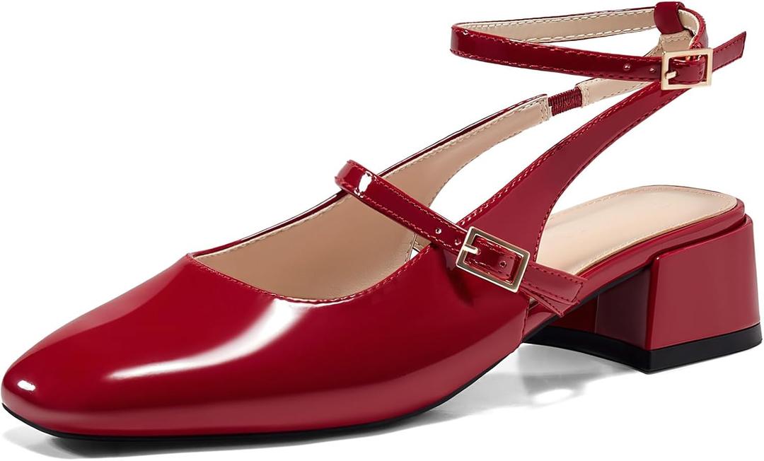Coutgo Womens Mary Jane Chunky Low Heels Closed Square Toe Ankle Strap Pumps Wedding Party Dress Shoes (7.5, Red)
