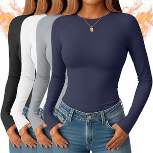4 Pack Women's Thermal Shirts Long Sleeve Undershirt Tops Raglan Sleeve Fleece Warm Winter Base Layer (Medium, Black, White, Light Gray, Navy Blue)