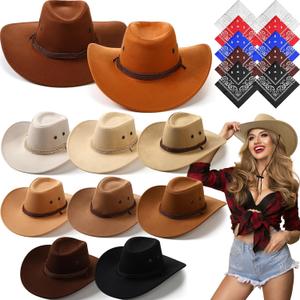 Coume 10 Set Cowboy Hat and Bandana for Women Men 10 Felt Cowgirl Cowboy Hat Bulk 10 Western Bandanas for Adult Costume Party 