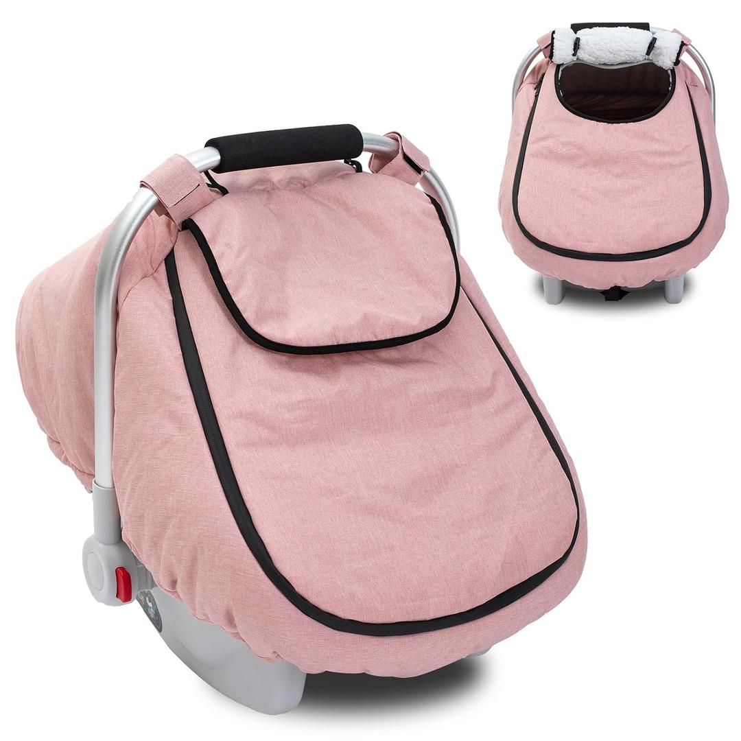 Winter Baby Car Seat Cover, Waterproof Carseat Cover with Zipper Peep Window, Warm Sherpa Fleece Lining, Universal Infant Car Seat Canopy Stroller Cover for Rain Snow Cold Weather (Pink)
