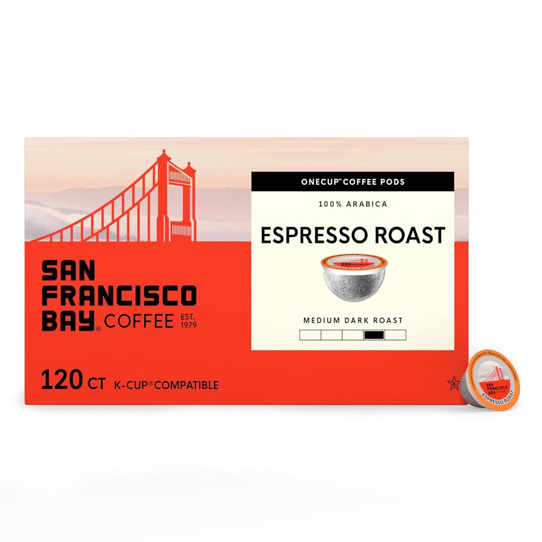 San Francisco Bay K-Cup Coffee Pods, Espresso Roast (120 ct), Medium-Dark Roast, Commercially Compostable Single-Serve Coffee Pods, BBD 04/08/2027