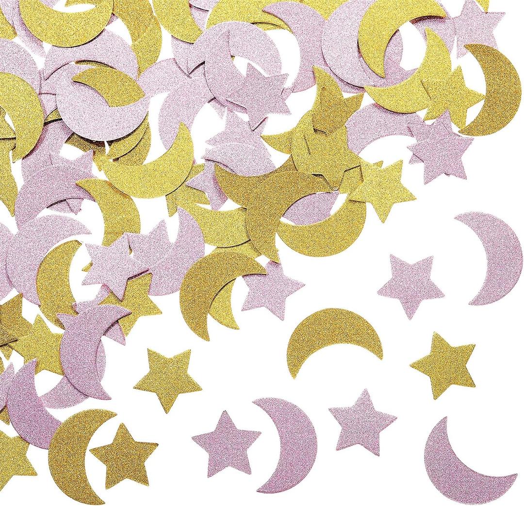 400 Pieces Glitter Star and Moon Paper Confetti Double Side Table Paper Confetti Sequin for Wedding Birthday Baby Shower Moon and Star Party Ramadan Mubarak Decor (Gold, Pink)