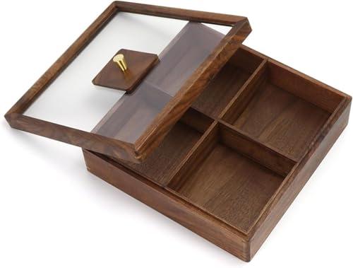 Multibey 4 Compartment Wooden Serving Tray with Lid - Solid North American Walnut Wood Serving Platter Organizer for Snacks, Candy, Nuts, Chips, Wood Snack Tray for Party, Kitchen Decor