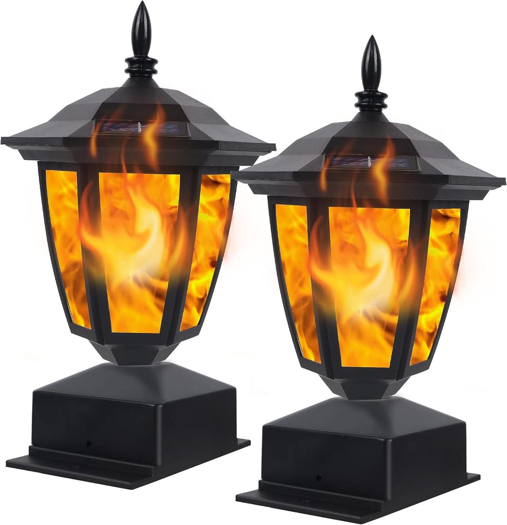 Dynaming Solar Flame Post Lights Outdoor, Solar Powered Lamps Fence Post Cap Lights, Flickering Flame LED Lantern Decorative Waterproof for Garden Deck Patio, Fit 4x4, 5x5 or 6x6 Wooden Posts, 2 Pack (Black)