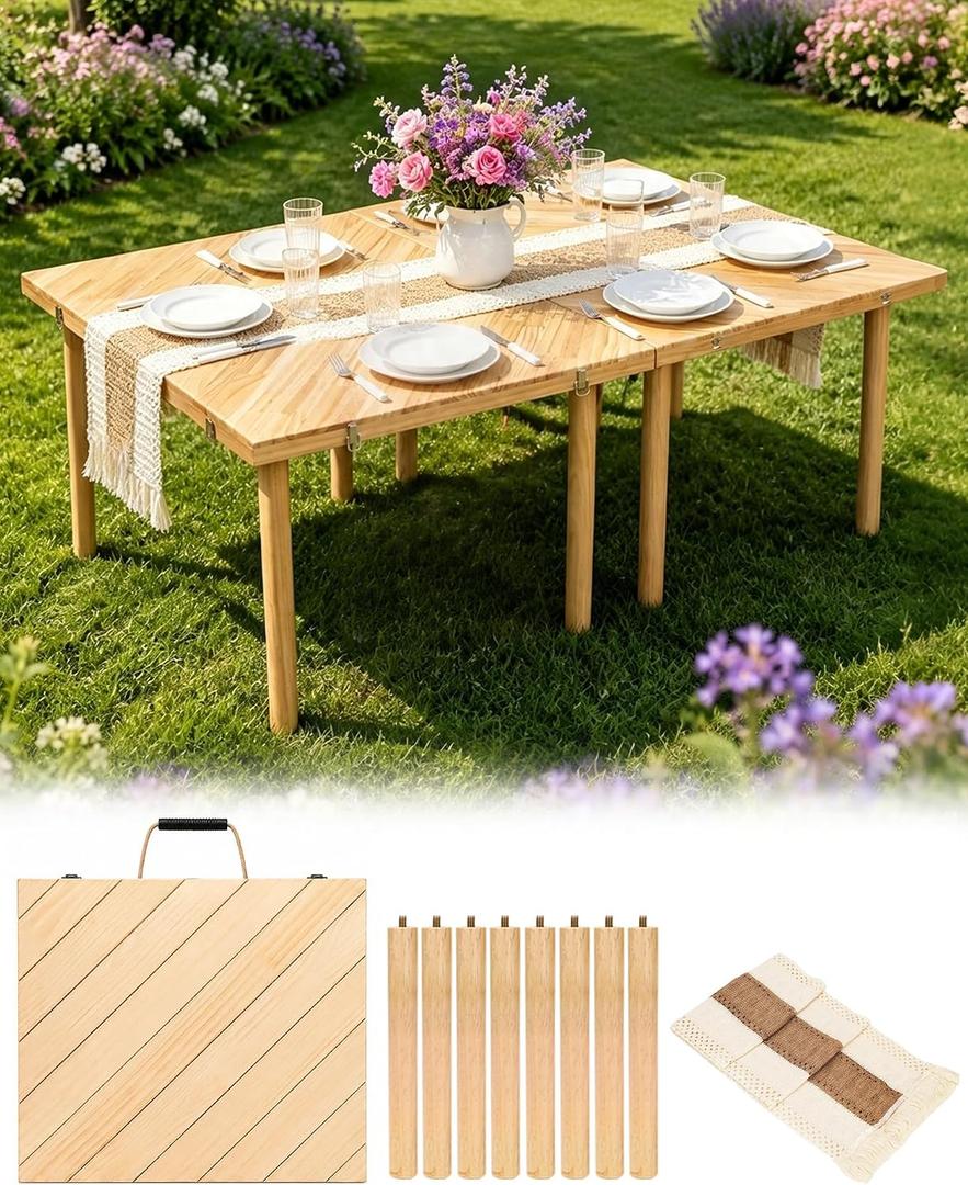 44" x 30" Low Picnic Table with Boho Table Runner Wooden Table