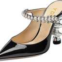 YDN Women Trendy Metallic Spiral Heels Slip On Sandals Rhinestone Strap Pumps Pointed Toe Mules Party Shoes (9, Black Pearls)