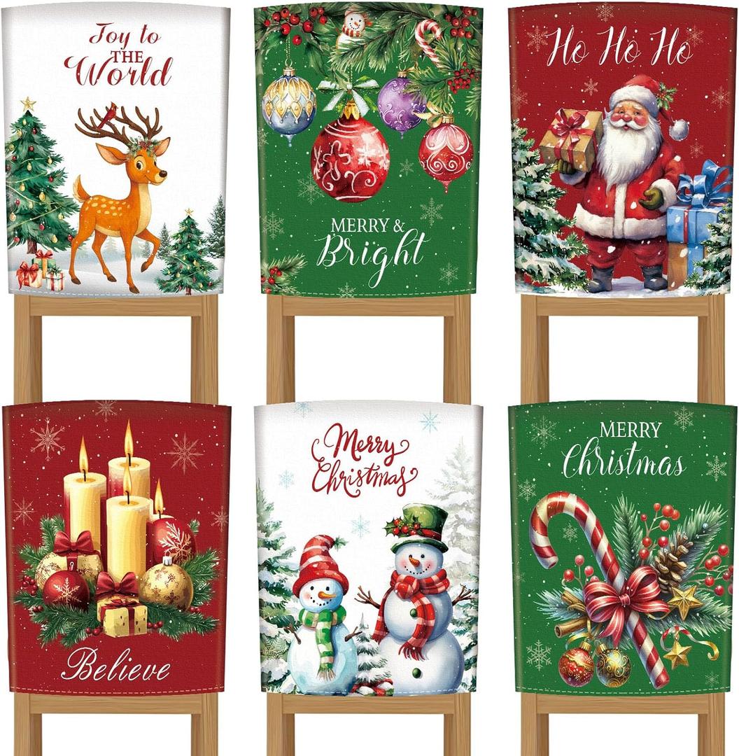 Tiamon Christmas Chair Covers Set of 6 Classic Chair Back Covers Elk Christmas Ball Candle Snowman Candy Cane Dining Room Washable Slipcovers Removable Seat Protector for Xmas Party Kitchen Decoration