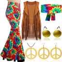 Haull 7 Pcs 60s 70s Outfits for Women Hippie Costume Set Boho Flared Pants Fringe Vest Peace Sign Accessories Set (Small)
