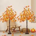 2 Pack 4FT Artificial Lighted Maple Tree, Fall Decorations for Home with Timer, 100 LED Prelit Fall Decor Maple Tree with Warm White Light for Indoor Outdoor Harvest Halloween Thanksgiving Day, Orange