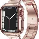 Designed for Apple Watch Band and Case, Stainless Steel Metal Chain with TPU Cover, Smart-Watch Link Bracelet Strap, Wrist-Band for i-Watch Series 9 8 7 6 5 4 3 2 1 SE, 45mm 44mm 42mm, Rose-Gold