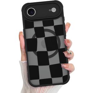 KANGHAR for iPhone Air Case 2025 Checkered Matte Aesthetic Cute Pattern Magnetic [Compatible with Magsafe] Slim Shockproof Full Body Protection for Girls Women -Black