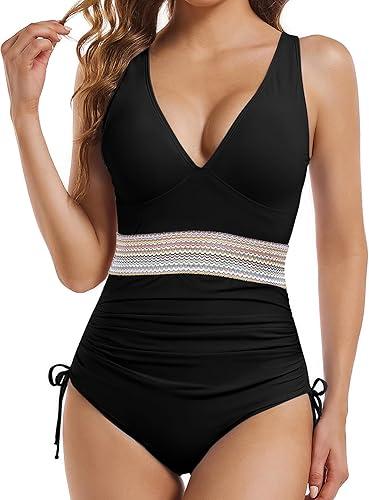Buauty Women's One Piece Swimsuits Tummy Control Bathing Suits for Womens Color Block Drawstring V Neck Slimming Swimwear XXL