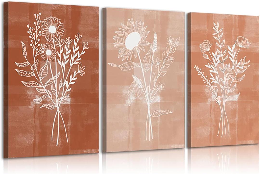 3Pcs Terracotta Floral Canvas Wall Art Mid-Century Flowers Bouquet Pictures Vintage Farmhouse Botanical Poster Prints Abstract Floral Wall Decor for Living Room Bedroom Office Bathroom 16x24in Framed