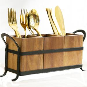 Utensil Caddy Silverware Cutlery Holder with 3 Compartment, Wooden Utensil Crock Flatware Organizers with Metal Tray, Rustic Kitchen Utensil Organizers for Farmhouse Kitchen and Countertop (Wood)