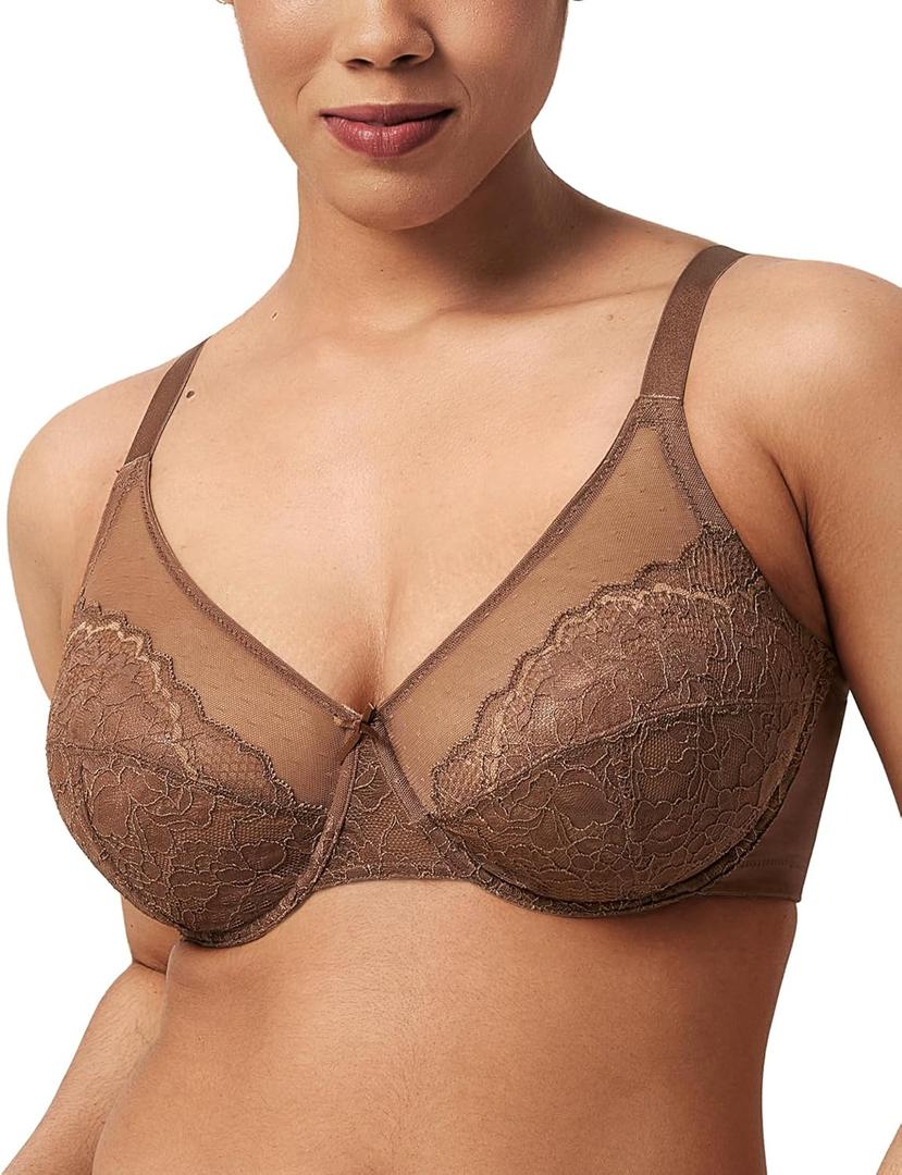 HSIA Minimizer Bras for Women Enchante Full Coverage Underwire Bras Plus Size Lifting Floral Lace Bra for Heavy Breast (38DD, Coffee Brown)