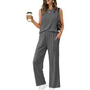 Ekouaer Women's Two Piece Sets Summer Sleeveless Lounge Sets Matching Pants Airport Travel Outfits, Medium