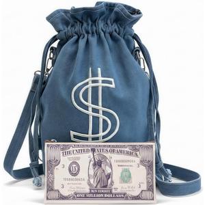 Denim Drawstring Backpack with Coin pouch, Large Money Dollar Sign Bucket Rucksack, Lightweight Sport Bags (Light Blue)