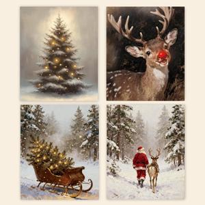 3 x Poecinvi Winter Christmas Wall Art Prints Set of 4, Rustic Christmas Decor, Winter Xmas Tree Sleigh Reindeer Santa Posters Pictures Wall Decor for Home Bedroom Living Room Office, 8x10 Unframed