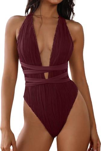 ZAFUL Women's One Piece Swimsuit Deep V Neck Ribbed Self Tie Sexy High Cut Bathing Suit Crisscross Back Swimwear, M