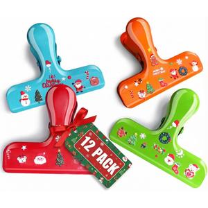 12 Pack Stainless Steel Chip Bag Clips - 4 Colors with DIY Christmas Stickers - Airtight Seal, Heavy Duty, 3 Inch, Perfect for Kitchen & Office Storage, No Sharp Edges, Fun & Functional