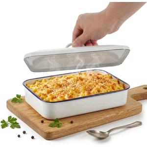 Unomor Enamel Baking Tray with Lid for Kitchen Oven White Roasting Pan for Casserole and Lasagna Vintage Deep Baking Dish 12.20x8.26x2.95in 2-Pack (31.00X21.00X7.50CM)