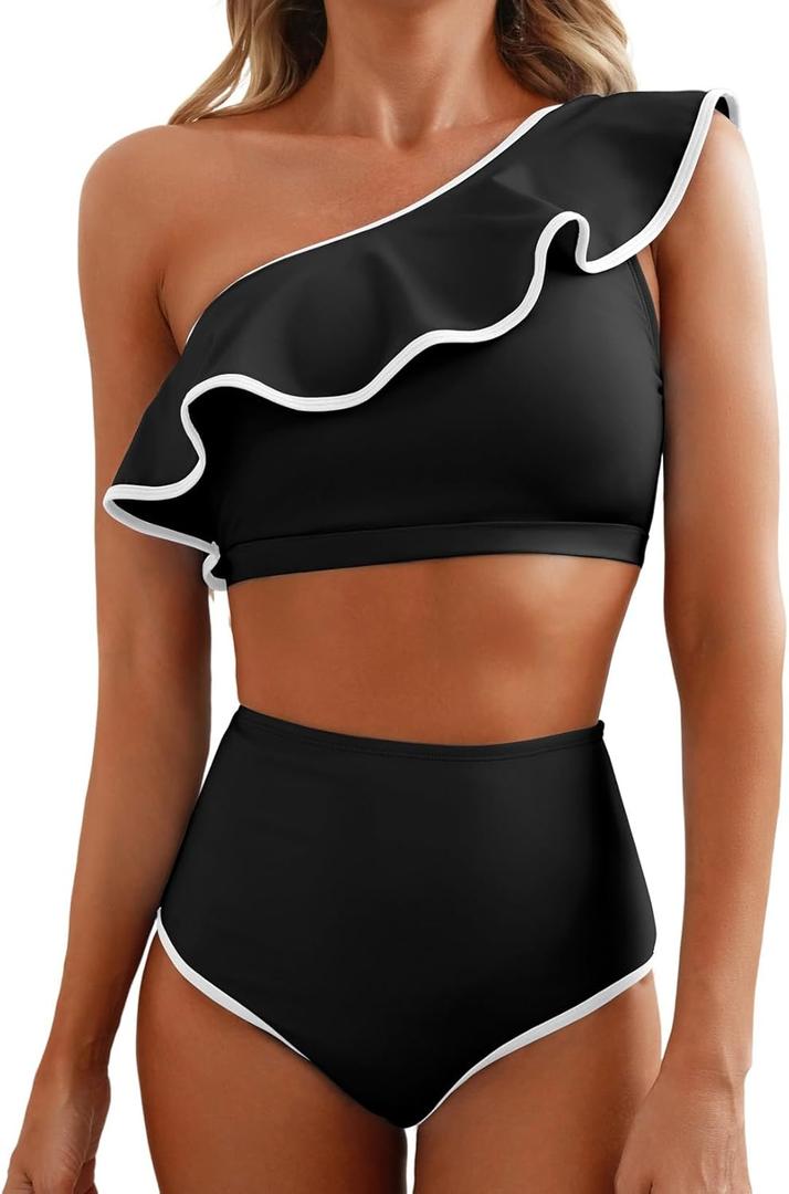Herseas Women's One Shoulder Bikini Sets Color Block Trim Ruffle Hem Swimsuits Elegant Bathing Suits (Large, Black)