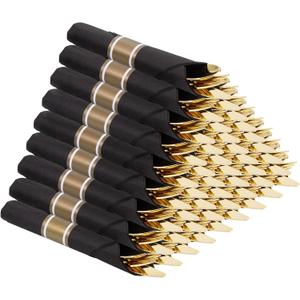 Supernal 60 Pack Pre Rolled Gold Plastic Silverware with Black Napkins - Heavy Duty Pre Wrapped Gold Cutlery Set Disposable - Elegant Plastic Forks, Spoons & Knives for Weddings, Parties, Catering