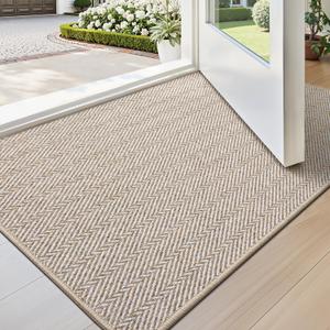 LUMI Ultra Thin Indoor Door Mat for Entrance 24"x36", Non Slip Entryway Mat, Low Profile Doormat, Unique Herringbone Design Carpet for Inside, Patio, Porch, Beige